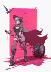 Rule 34 | 1girl, absurdres, armor, ascot, black leotard, blood, blood on face, bloodborne, bloody weapon, bonnet, boots, breasts, cleavage, doll joints, flower, full body, greaves, hat, hat flower, heart, high heel boots, high heels, highres, holding, holding weapon, huge weapon, joints, knee pads, leotard, long coat, long legs, looking at viewer, medium breasts, armored boots, mike jordana, pink eyes, plain doll, polearm, short hair, silver hair, solo, thighhighs, weapon, wrist cuffs
