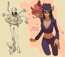 Rule 34 | 1boy, 1girl, :d, antlers, antlers through headwear, black hair, blue eyes, breasts, cleavage, closed mouth, cowboy hat, cropped jacket, cropped legs, edpan, extra arms, furry, hana hana no mi, hat, height difference, highres, horns, jacket, large breasts, long hair, looking to the side, midriff, navel, nico robin, one piece, open mouth, pants, pink headwear, purple headwear, purple jacket, purple pants, reindeer antlers, smile, standing, tony tony chopper, top hat