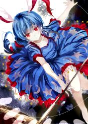 Rule 34 | 1girl, animal ears, bad id, bad pixiv id, blue dress, blue hair, closed mouth, crescent, dress, expressionless, holding, kine, long hair, mallet, moon, outstretched arms, puffy short sleeves, puffy sleeves, rabbit ears, red eyes, sameya, seiran (touhou), short sleeves, solo, star (symbol), star print, touhou