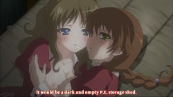 Rule 34 | 2girls, blue eyes, blush, braid, breasts, breasts out, brown hair, caught, dark, dutch angle, english text, from above, green eyes, grey hair, gym storeroom, hair between eyes, hand on another&#039;s shoulder, indoors, kiss, ladies versus butlers!, large breasts, long hair, looking at viewer, lying, mat, multiple girls, nipples, on side, open clothes, parted bangs, parted lips, ribbon, saliva, saliva trail, school uniform, screencap, shadow, sideboob, single braid, sleeve cuffs, subtitled, upper body, wavy hair, yuri