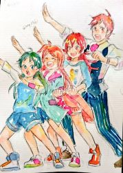 Rule 34 | 10s, 1boy, 3girls, age difference, ahoge, arm up, ascot, clenched hand, closed eyes, clothes around waist, green hair, height difference, idolmaster, idolmaster cinderella girls, idolmaster million live!, idolmaster shiny colors, idolmaster side-m, jacket, jacket around waist, komiya kaho, long hair, looking at viewer, multiple girls, nanjo hikaru, ogami tamaki, open mouth, painting (medium), raglan sleeves, red ascot, red hair, shoes, shorts, smile, sneakers, tatsusen, tendo teru, traditional media, trait connection, twitter username, watercolor (medium)