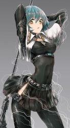 Rule 34 | 1girl, absurdres, arms behind head, arms up, belt, black shirt, black skirt, black thighhighs, blue hair, bodystocking, breasts, brown eyes, contrapposto, covered navel, cowboy shot, electricity, floral print, green hair, grey background, highres, holding, holding weapon, impossible clothes, impossible shirt, long sleeves, looking at viewer, md5 mismatch, medium breasts, open mouth, original, resolution mismatch, shirt, short hair, simple background, skirt, solo, source smaller, standing, swav, thighhighs, weapon