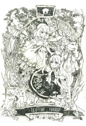 Rule 34 | 2girls, :o, absurdres, animal, branch, rabbit, child, cirno, daiyousei, deer, dress, english text, engrish text, fairy wings, fang, floral print, flower, flying, full body, highres, ice, ice wings, leaf, monochrome, multiple girls, mushroom, ponytail, puffy short sleeves, puffy sleeves, ranguage, short hair, short sleeves, smile, squirrel, touhou, tree stump, wings
