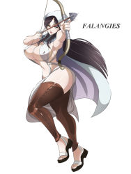 Rule 34 | 1girl, armpits, arrow (projectile), arslan senki, black hair, bow (weapon), breasts, cape, character name, cleavage, covered erect nipples, curvy, drawing bow, falangies, female focus, full body, green eyes, highres, holding, holding bow (weapon), holding weapon, hood, large breasts, lipstick, long hair, makeup, navel, sandals, shawl, shiva (tairakuten), shoes, simple background, solo, thick thighs, thighhighs, thighs, toeless legwear, toes, weapon, wide hips
