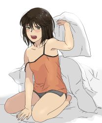Rule 34 | 1girl, black hair, brown eyes, camisole, full body, grey shorts, highres, holding, holding pillow, kantai collection, looking at viewer, open mouth, orange camisole, pillow, sendai (kancolle), short hair, shorts, simple background, sitting, sleepwear, solo, strap slip, translation request, under covers, wariza, white background, yoshizawa tamae