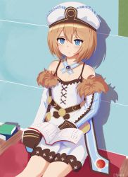 Rule 34 | 1girl, absurdres, aj gtv, bare shoulders, blanc (neptunia), blue eyes, blush, book, breasts, brown hair, cleavage, coat, dress, expressionless, from above, fur-trimmed coat, fur trim, hair between eyes, hat, highres, holding, holding book, indoors, long sleeves, looking at viewer, looking up, medium hair, neptune (series), off-shoulder coat, off shoulder, reading, short hair, sitting, small breasts, solo, spaghetti strap, white coat, white dress, wide sleeves