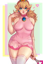 Rule 34 | 1girl, artist name, blonde hair, blue eyes, breasts, heart, highres, large breasts, legs, long hair, looking at viewer, mario (series), mario tennis, nintendo, parted lips, pink lips, princess, princess peach, smile, solo, thick thighs, thighs