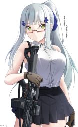 Rule 34 | 1girl, alternate costume, alternate hairstyle, assault rifle, bare shoulders, blouse, breasts, commentary request, eyewear on head, girls&#039; frontline, green eyes, gun, h&amp;k hk416, high ponytail, highres, hk416 (girls&#039; frontline), keenh, large breasts, long hair, name connection, object namesake, pleated skirt, rifle, shirt, sidelocks, silver hair, simple background, skirt, sleeveless, sleeveless shirt, solo, teardrop tattoo, translation request, very long hair, weapon, white background