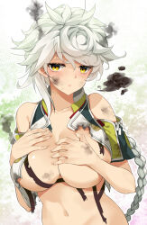 Rule 34 | 1girl, ariko youichi, bare shoulders, blush, braid, breasts, collarbone, commentary request, commission, crop top, hands on own chest, highres, kantai collection, large breasts, long hair, looking at viewer, messy hair, navel, open mouth, short sleeves, single braid, skeb commission, smoke, solo, stomach, torn clothes, unryuu (kancolle), unryuu kai (kancolle), white hair, yellow eyes
