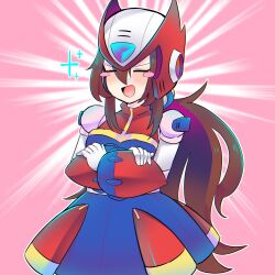 1girl blue_dress blush_stickers brown_hair chikuwa_is_good closed_eyes cosplay cowboy_shot crossed_arms dress highres iris_(mega_man) long_hair mega_man_(series) mega_man_x_(series) pink_background ponytail red_dress smug solo zero_(mega_man) zero_(mega_man)_(cosplay)