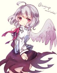 Rule 34 | 1girl, ahoge, artist name, bow, bowtie, dress, hiyoko no tataki, jacket, kishin sagume, long sleeves, looking at viewer, open clothes, purple dress, red eyes, short hair, silver hair, simple background, single wing, solo, touhou, twitter username, white background, wings
