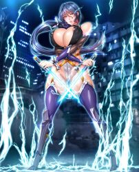Rule 34 | 1girl, blue hair, blush, bodysuit, breast press, breasts, city, covered erect nipples, curvy, electricity, fei (maidoll), female focus, full body, highleg, highleg leotard, highres, holding, holding sword, holding weapon, huge breasts, leotard, long hair, night, partially visible vulva, ponytail, revealing clothes, shiny skin, sweat, sword, taimanin (series), taimanin asagi kessen arena, thong leotard, uehara rin, weapon, wide hips