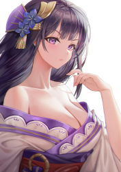 Rule 34 | 1girl, bare shoulders, breasts, cleavage, closed mouth, flower, genshin impact, hair flower, hair ornament, hand up, highres, japanese clothes, kimono, large breasts, long hair, looking at viewer, mole, mole under eye, obi, off shoulder, picter, purple eyes, purple flower, purple hair, raiden shogun, sash, simple background, solo, upper body, white background, white kimono