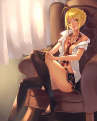 Rule 34 | 1girl, ahoge, alternate costume, artoria pendragon (all), artoria pendragon (fate), black thighhighs, blonde hair, breasts, casual, catwyz, chair, curtains, fate/stay night, fate/zero, fate (series), highres, legs, looking at viewer, navel, necktie, open clothes, open shirt, saber (fate), shirt, short hair, sitting, skirt, small breasts, smile, solo, sunlight, thighhighs, undressing, yellow eyes