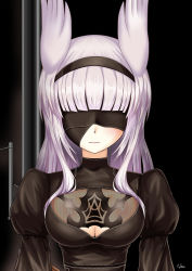 Rule 34 | 1girl, animal ears, black dress, blindfold, blunt bangs, breasts, cleavage, cleavage cutout, clothing cutout, cosplay, cyber (cyber knight), dress, hairband, head wings, heidimarie w. schnaufer, hexagon, highres, light purple hair, long hair, long sleeves, nier:automata, nier (series), puffy long sleeves, puffy sleeves, see-through, solo, strike witches, upper body, wings, world witches series, 2b (nier:automata), 2b (nier:automata) (cosplay)