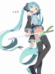 Rule 34 | ..., 1girl, aqua eyes, aqua hair, aqua necktie, black thighhighs, blush, color guide, detached sleeves, food, from below, from side, grey background, hatsune miku, headphones, headset, highres, holding, holding food, long hair, looking at viewer, miniskirt, necktie, open mouth, panties, pleated skirt, shirt, simple background, skirt, sleeveless, sleeveless shirt, smile, solo, spring onion, standing, tantan men (dragon), thighhighs, twintails, underwear, upskirt, very long hair, vocaloid, white panties