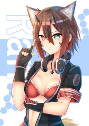 Rule 34 | 1girl, animal ears, bikini, bikini top only, black gloves, blush, breasts, brown hair, cleavage, closed mouth, copyright request, facial mark, fingerless gloves, fox ears, fox tail, gloves, greyscale, hair between eyes, hand on own arm, heterochromia, hexagon, index finger raised, jacket, jewelry, looking at viewer, monochrome, necklace, open clothes, open jacket, pendant, racket ti1, red bikini, short hair, short sleeves, sidelocks, small breasts, smile, solo, star (symbol), star in eye, star necklace, swimsuit, symbol in eye, tail, tsurime, two-tone background, upper body, yellow eyes