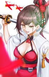 Rule 34 | aiguillette, aircraft, airplane, azur lane, blush, breasts, brown hair, c-eye, cleavage, eyeshadow, flower, hair flower, hair ornament, highres, holding, holding sword, holding weapon, japanese clothes, katana, large breasts, lipstick, long hair, looking at viewer, makeup, open mouth, pink lips, ponytail, shikigami, sidelocks, smile, solo, sword, tassel, very long hair, weapon, wide sleeves, zuikaku (azur lane)