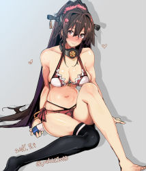 Rule 34 | 10s, 1girl, adapted costume, arm support, asymmetrical legwear, bare shoulders, bikini, black hair, blush, breasts, brown eyes, cherry blossoms, cleavage, closed mouth, dated, drop shadow, flower, full-face blush, hair flower, hair ornament, headgear, heart, highleg, highleg bikini, kantai collection, large breasts, long hair, looking at viewer, navel, nose blush, over-kneehighs, ponytail, rib:y(uhki), shiny skin, side-tie bikini bottom, sidelocks, single over-kneehigh, single thighhigh, sitting, skindentation, smile, solo, stomach, swimsuit, thighhighs, thighs, twitter username, uneven legwear, very long hair, yamato (kancolle)