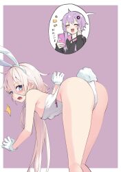 Rule 34 | 2girls, :d, ^ ^, animal ears, ass, bare shoulders, black jacket, blue eyes, blush, breasts, cellphone, cevio, closed eyes, commentary, fake animal ears, feet out of frame, gloves, hair between eyes, hairband, hands up, highres, holding, holding phone, ia (vocaloid), jacket, leotard, long hair, long sleeves, multiple girls, notice lines, open mouth, phone, pink hair, playboy bunny, purple background, purple hair, rabbit ears, rabbit tail, sleeves past wrists, small breasts, smile, sparkle, standing, strapless, strapless leotard, tail, translated, two-tone background, very long hair, vocaloid, voiceroid, white background, white gloves, white hairband, white leotard, yuzuki yukari, zooanime