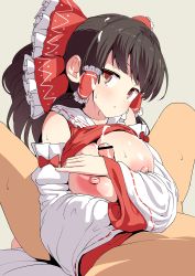 Rule 34 | 1boy, 1girl, bar censor, black hair, blush, bow, breasts, brown eyes, censored, closed mouth, detached sleeves, frilled bow, frills, grey background, hair bow, hair tubes, hakurei reimu, hetero, huge breasts, large breasts, long hair, nipples, paizuri, penis, red bow, red shirt, revision, ribbon-trimmed sleeves, ribbon trim, shirt, sidelocks, simple background, solo focus, sweat, tottotonero, touhou
