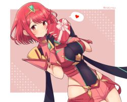 Rule 34 | 1girl, breasts, candy, chocolate, chocolate heart, earrings, food, gloves, heart, highres, jewelry, large breasts, mochimochi (xseynao), pyra (xenoblade), red eyes, red hair, short hair, skindentation, solo, valentine, xenoblade chronicles (series), xenoblade chronicles 2