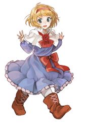 Rule 34 | 1girl, absurdres, alice margatroid, bad id, bad pixiv id, blonde hair, boots, bow, capelet, cross-laced footwear, dress, female focus, grey eyes, hairband, highres, lace-up boots, mitsuki32k, pantyhose, sash, solo, touhou, transparent background, white pantyhose