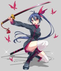 Rule 34 | 1girl, absurdres, bad id, bad pixiv id, black footwear, blue hair, boots, bug, butterfly, buttons, combat boots, cross-laced footwear, double-breasted, floating hair, full body, grey background, grey thighhighs, hair between eyes, highres, holding, holding sword, holding weapon, insect, katana, knee boots, lace-up boots, long hair, looking up, open mouth, original, pleated skirt, ponytail, red eyes, red skirt, ribbed sweater, sakura chiyo (konachi000), shadow, sheath, simple background, skirt, solo, sparkle, sweater, sword, tassel, teeth, thighhighs, thighs, turtleneck, turtleneck sweater, unsheathed, very long hair, weapon