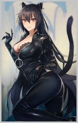 Rule 34 | 1girl, alternate costume, animal ears, ass, black bodysuit, black bra, black footwear, black hair, blurry, blurry background, bodysuit, boots, bra, breasts, brown eyes, cat ears, cat tail, claws, cleavage, closed mouth, collarbone, cone hair bun, cowboy shot, double bun, fake animal ears, fake tail, fangs, hair between eyes, hair bun, highres, indoors, kantai collection, kasumi (skchkko), large breasts, long hair, looking at viewer, nagato (kancolle), open bodysuit, open clothes, red eyes, solo, tail, thighhighs, underwear, zipper