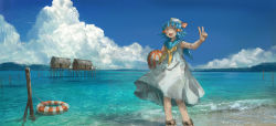 Rule 34 | 1girl, :d, absurdres, bad id, bad pixiv id, ball, bare arms, beachball, blue hair, blue sailor collar, blue sky, cloud, cloudy sky, day, dress, feet out of frame, hand up, highres, holding, holding ball, lake, lifebuoy, looking at viewer, neckerchief, open mouth, orange eyes, original, outdoors, sailor collar, sailor dress, scenery, shichigatsu, short hair, sky, smile, solo, standing, stilt house, swim ring, v, water, white dress, yellow neckerchief