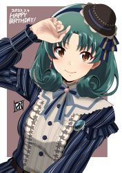 Rule 34 | 1girl, arm up, belt, black hat, breasts, brown background, brown eyes, closed mouth, dated, dress, earrings, flipped hair, green hair, happy birthday, hat, highres, idolmaster, idolmaster million live!, jewelry, light blush, long sleeves, looking at viewer, medium hair, mini hat, neck ribbon, parted bangs, ponpon, puffy sleeves, ribbon, simple background, single earring, solo, striped clothes, striped dress, tokugawa matsuri, upper body, vertical-striped clothes, vertical-striped dress, white background