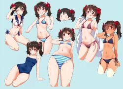 Rule 34 | 0 0, 1girl, :q, arm behind back, arm support, arm up, bare arms, bare shoulders, barefoot, bikini, black bikini, black hair, blue background, blue bikini, blue bow, blue sailor collar, blush, bow, breasts, chibi, closed mouth, collarbone, commentary, contrapposto, covered navel, cowboy shot, cropped legs, frilled bikini, frilled bikini top, frills, from below, groin, hair between eyes, hair bow, hand in own hair, hand up, head tilt, highres, holding, holding towel, huge filesize, kurokawa makoto, looking at viewer, love live!, love live! school idol project, medium hair, multiple views, navel, new school swimsuit, one-piece swimsuit, one eye closed, open mouth, outstretched arm, plaid, plaid bikini, reclining, red bow, red eyes, red ribbon, ribbon, sailor bikini, sailor collar, school swimsuit, shade, shiny skin, side-tie bikini bottom, simple background, small breasts, smile, spaghetti strap, standing, stomach, string bikini, striped bikini, striped clothes, swimsuit, thighs, tongue, tongue out, towel, twintails, white bikini, white towel, yazawa nico