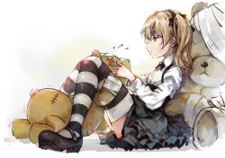 Rule 34 | 10s, 1girl, black dress, black thighhighs, boko (girls und panzer), bow, dress, dress shirt, from side, full body, girls und panzer, hair ribbon, hairband, light brown hair, long hair, long sleeves, mary janes, oversized object, ribbon, shimada arisu, shirt, shoes, side ponytail, sitting, solo, spark (sandro), striped clothes, striped thighhighs, stuffed animal, stuffed toy, teddy bear, thighhighs, white shirt