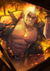 1boy abs bandaid bandaid_on_cheek bandaid_on_face bara belt black_gloves black_pants blonde_hair burning chest_hair collared_jacket commentary_request dark-skinned_male dark_skin dog_tags embers facial_hair facial_scar fire gloves gradient_hair grin highres jacket large_pectorals looking_at_viewer male_focus multicolored_clothes multicolored_hair multicolored_jacket muscular muscular_male navel navel_hair nipples on_one_knee open_clothes open_jacket orange_hair pants pectorals red_eyes scar scar_on_cheek scar_on_face short_hair sleeves_pushed_up smile solo sweat thick_eyebrows thick_thighs thighs tokyo_houkago_summoners two-tone_jacket ulaanbaatar_(housamo) waku_(ayamix)