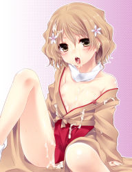 Rule 34 | 10s, 1girl, aftersex, bad id, bad pixiv id, blush, breasts, brown eyes, brown hair, cum, cum in mouth, cum in pussy, cum on body, cum on clothes, flower, hair flower, hair ornament, hanasaku iroha, japanese clothes, matsumae ohana, nipples, open clothes, open mouth, short hair, small breasts, solo, yukian