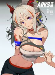 Rule 34 | 1girl, 1other, arknights, arm behind back, arm tattoo, armband, barcode, black shorts, breasts, casual, choker, cleavage, cleavage cutout, closed mouth, clothing cutout, collarbone, commentary, contrapposto, cowboy shot, dragon horns, ear piercing, ear tag, eyelashes, eyes visible through hair, eyeshadow, gradient background, grey background, grey hair, guided unzipping, hachisan, head tilt, highres, holding hands, horns, charm (object), leaning forward, lips, long hair, looking at viewer, makeup, medium breasts, multicolored hair, navel, nian (arknights), piercing, pointy ears, ponytail, purple eyes, red choker, red eyeshadow, red hair, short shorts, shorts, simple background, single bare shoulder, smile, solo focus, sports bra, sportswear, standing, stomach, streaked hair, tattoo, two-tone hair, unzipping, zipper pull tab