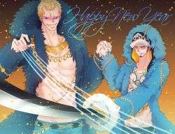 Rule 34 | 2boys, abs, cheese neko3, chest tattoo, coat, donquixote doflamingo, earrings, facial hair, fur coat, goatee, happy new year, hat, height difference, highres, holding, holding hands, holding sword, holding weapon, hood, hood up, interlocked fingers, jewelry, katana, looking at viewer, male focus, multiple boys, navel, necklace, new year, one piece, open clothes, pants, short hair, smile, sunglasses, sword, tattoo, thread, trafalgar law, weapon