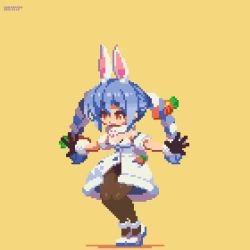 Rule 34 | 1girl, :d, ^ ^, animal ear fluff, animal ears, animated, arms up, bare shoulders, black gloves, black leotard, blue hair, bow, braid, breasts, brown background, brown eyes, brown pantyhose, carrot hair ornament, closed eyes, dated, detached sleeves, don-chan (usada pekora), dress, food-themed hair ornament, full body, fur-trimmed dress, fur-trimmed gloves, fur trim, gloves, hair between eyes, hair bow, hair ornament, hololive, jumping, leotard, long hair, multicolored hair, open mouth, pantyhose, pixel art, puffy short sleeves, puffy sleeves, rabbit ears, sakuemon, shoes, short sleeves, small breasts, smile, strapless, strapless dress, twin braids, twintails, twitter username, two-tone hair, upper body, usada pekora, usada pekora (1st costume), very long hair, video, virtual youtuber, white bow, white dress, white footwear, white hair, white sleeves