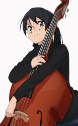 Rule 34 | 1girl, black hair, black shirt, commentary, double bass, glasses, green eyes, highres, holding, holding instrument, instrument, looking at viewer, original, shirt, short hair, short twintails, smile, solo, sweater, turtleneck, turtleneck sweater, twintails, upper body, white background, yasutange