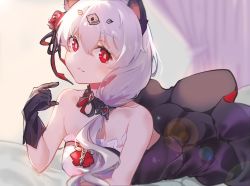 Rule 34 | 1girl, :3, animal ears, bare shoulders, bed, black dress, black gloves, cat ears, closed mouth, curtains, dress, flower, gloves, hair between eyes, hair flower, hair ornament, honkai (series), honkai impact 3rd, looking at viewer, lying, on stomach, qiyue no hei qiaokeli, red eyes, red flower, red rose, rose, side ponytail, smile, solo, theresa apocalypse, theresa apocalypse (luna kindred), white hair