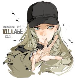 Rule 34 | 1girl, baseball cap, black hat, black sweater, blonde hair, blue eyes, close-up, green jacket, hat, highres, jacket, looking ahead, looking at viewer, outstretched arm, outstretched hand, parted lips, portrait, reaching, reaching towards viewer, resident evil, resident evil village, rosemary winters, simple background, solo, straight hair, sweater, teeth, white background, yuirua55234