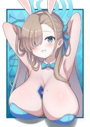Rule 34 | 1girl, animal ears, armpits, asuna (blue archive), asuna (bunny) (blue archive), blue archive, blue eyes, blue leotard, blush, breasts, cleavage, collarbone, detached collar, fake animal ears, grin, hair over one eye, large breasts, leotard, light brown hair, long hair, looking at viewer, mole, official alternate costume, rabbit ears, smile, solo, strapless, strapless leotard, yuchiberu