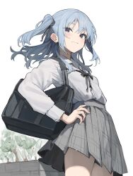 Rule 34 | 1girl, :3, bag, black bow, black bowtie, black ribbon, blue eyes, blue hair, blush, bow, bowtie, collared shirt, eyelashes, grey skirt, hair ribbon, hand on own hip, happy, highres, hololive, hoshimachi suisei, karyln, long hair, looking at viewer, one side up, outdoors, pleated skirt, ribbon, school bag, school uniform, shirt, sidelocks, skirt, solo, standing, striped clothes, striped skirt, thighs, tree, uniform, virtual youtuber, white background, white shirt, wispy bangs