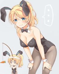Rule 34 | ..., 0 0, 1girl, :|, animal ears, ayase eli, black leotard, black neckwear, black pantyhose, blonde hair, blue eyes, blush, bow, bowtie, breasts, carrot, carrot on stick, chibi, chibi inset, cleavage, closed mouth, commentary request, detached collar, fake animal ears, grey background, groin, hair between eyes, hair ornament, hair scrunchie, hands on own knees, headband, highres, large breasts, leaning forward, leotard, looking at viewer, love live!, love live! school idol project, mogu (au1127), multiple views, pantyhose, playboy bunny, ponytail, rabbit ears, scrunchie, sidelocks, simple background, spoken ellipsis, strapless, strapless leotard, sweatdrop, wavy mouth, white scrunchie, wrist cuffs
