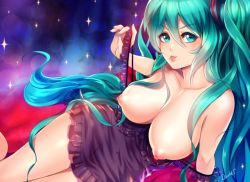 Rule 34 | 1girl, arm support, breasts, collarbone, david-strange, eyebrows, frills, green eyes, green hair, hair between eyes, hatsune miku, large breasts, long hair, looking at viewer, matching hair/eyes, nightgown, nipples, off shoulder, puffy nipples, shiny skin, solo, tongue, tongue out, very long hair, vocaloid