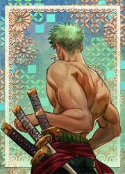 Rule 34 | 1boy, bara, border, earrings, facing away, floral background, from below, glint, green hair, highres, iara png, jewelry, large pectorals, male focus, muscular, muscular male, one piece, pectorals, revision, roronoa zoro, sheath, sheathed, short hair, single earring, solo, topless male, veins, veiny arms, wind