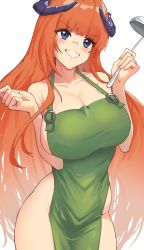 Rule 34 | 1girl, absurdres, apron, arknights, bagpipe (arknights), bare arms, bare shoulders, blush, breasts, cleavage, collarbone, commentary, cowboy shot, green apron, grin, hands up, highres, holding, holding ladle, horns, ladle, large breasts, naked apron, radioneet, simple background, smile, solo, standing, thighs, white background