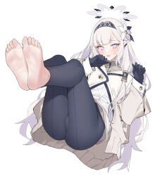 Rule 34 | 1girl, ass, barefoot, black gloves, blue archive, blue eyes, blunt bangs, blush, cardigan, commentary request, dress, earclip, feet, flower, foot focus, gloves, grey hair, hair flower, hair ornament, hair tubes, hairband, halo, himari (blue archive), legs, legs up, long hair, long sleeves, looking at viewer, lying, no shoes, on back, open mouth, pants, pointy ears, popqn, purple eyes, simple background, sitting, skirt, smile, soles, solo, thighs, toes, very long hair, white background, white hair