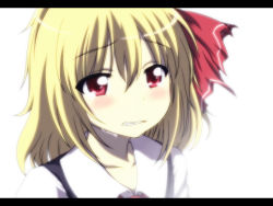 Rule 34 | 1girl, anime coloring, blonde hair, blush, clenched teeth, crying, crying with eyes open, embodiment of scarlet devil, female focus, hair ribbon, letterboxed, red eyes, rhine, ribbon, rumia, shirt, simple background, solo, tears, teeth, touhou, upper body, vest, white background