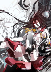 Rule 34 | 10s, 1girl, absurdres, abyssal ship, anchor, asymmetrical legwear, battleship princess, black hair, boots, broken, broken weapon, cannon, damaged, glowing, glowing eyes, highres, horns, kantai collection, long hair, looking at viewer, mokutsugi minato, red eyes, skirt, solo, thighhighs, thighs, toenails, toes, torn clothes, torn skirt, torn thighhighs, transformation, turret, type 91 armor-piercing shell, uneven legwear, very long hair, weapon, yamato (kancolle)
